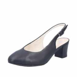 Rieker pumps til dame i sort skind med justerbar sling back hælrem med spænde og blokhæl på 6 cm.