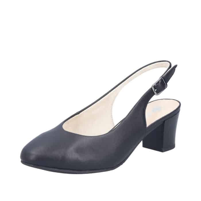 Rieker pumps til dame i sort skind med justerbar sling back hælrem med spænde og blokhæl på 6 cm.