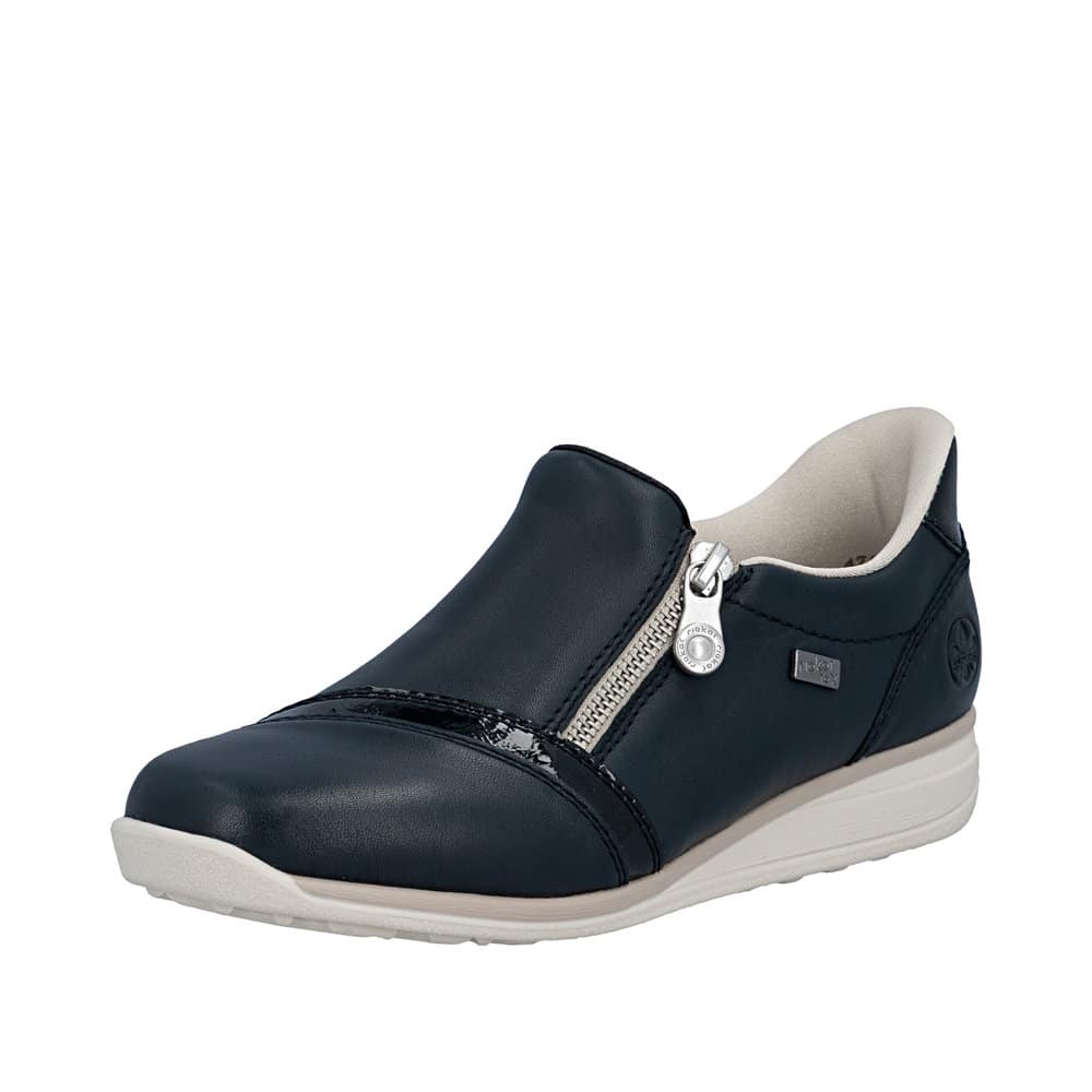 Rieker Ready 2 Go sko til dame i mørkeblå skind med Rieker-Tex og udtagelig indersål med ekstra bredde H