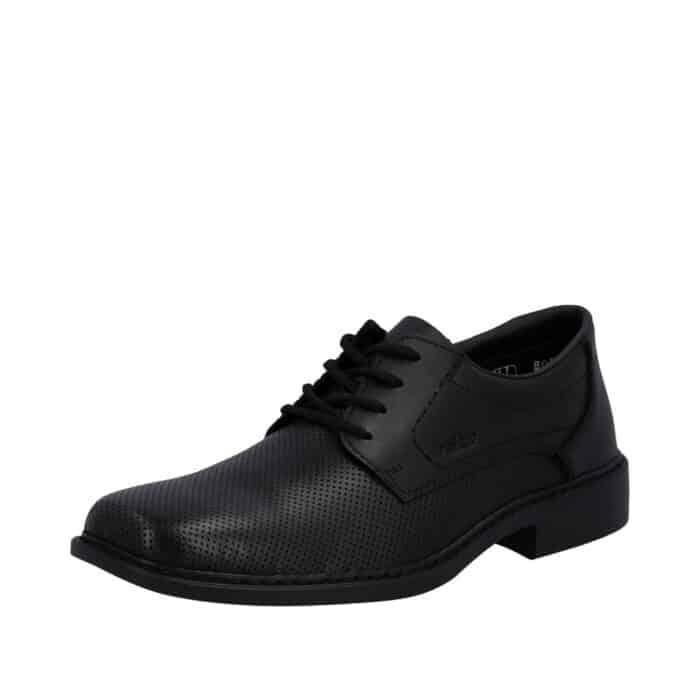 Rieker sko til herre i sort med skindoverdel og skindsål samt ekstra bredde H og snørebånd