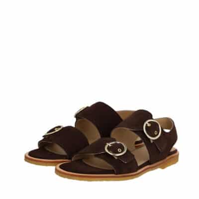 Angulus sandal til dame i mørkebrunt ruskind samt to justerbare spænder og rågummisål