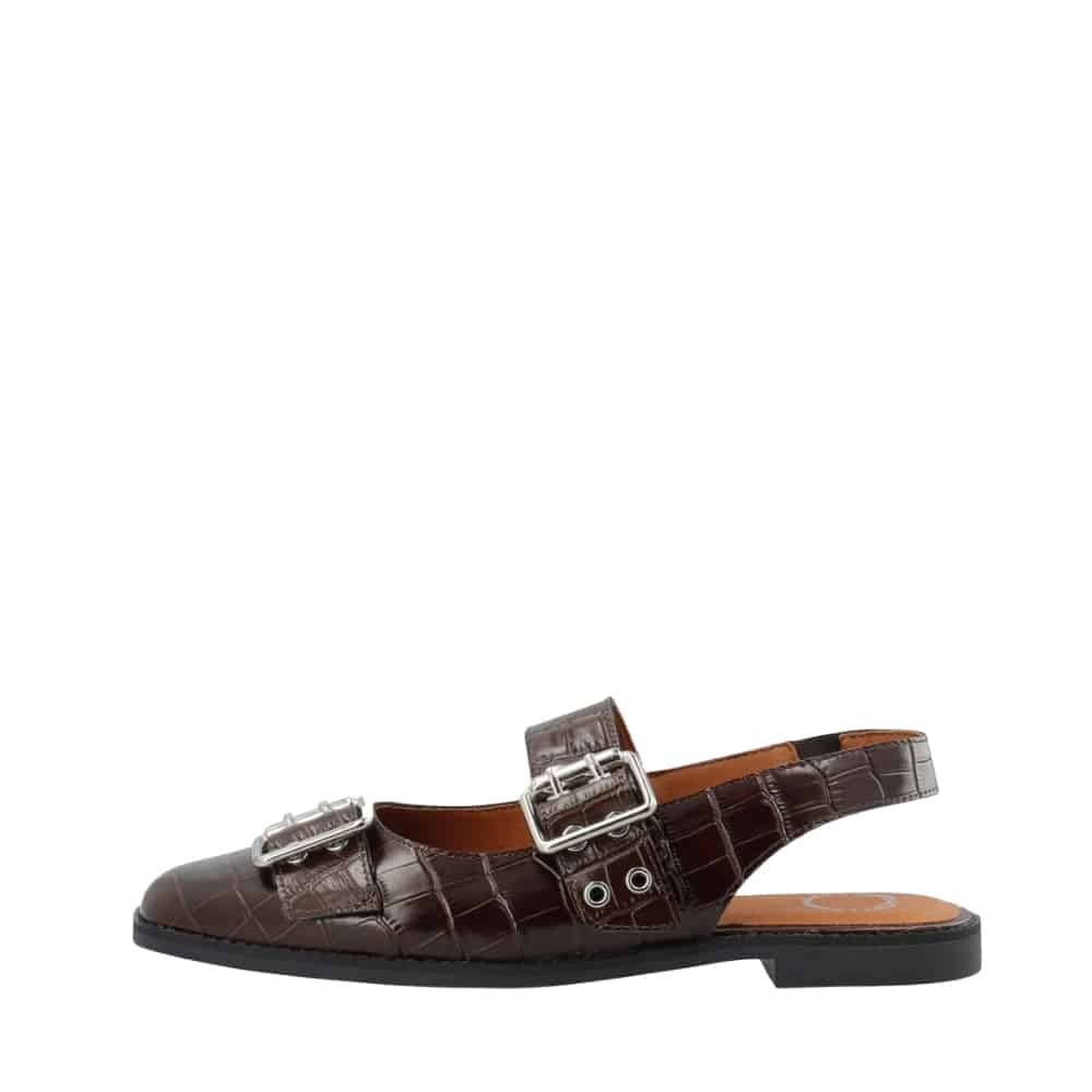 Cashott Casdiana Mary Jane ballerinasko til dame i brunt skind med slingback hælrem og krokoprint samt spænder