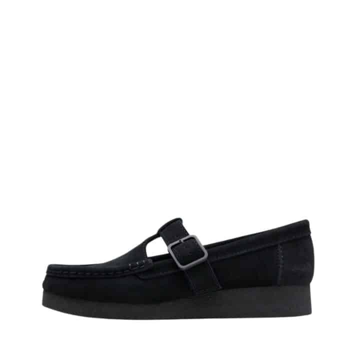 Clarks Wallabee sko til dame i sort ruskind med spænde