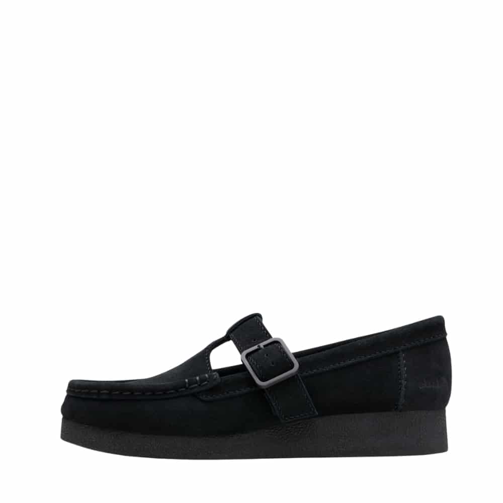 Clarks Wallabee sko til dame i sort ruskind med spænde