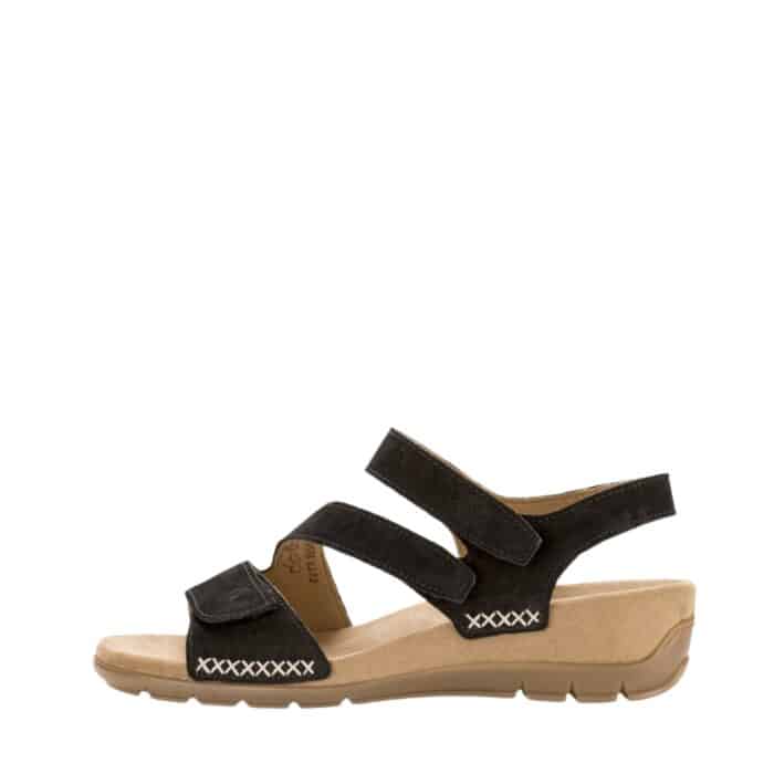 Gabor sandal til dame i sort med 3 velcroremme og blød indersål.