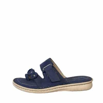 Relaxshoe sandal til dame i blå med skind overdel og velcrolukning.