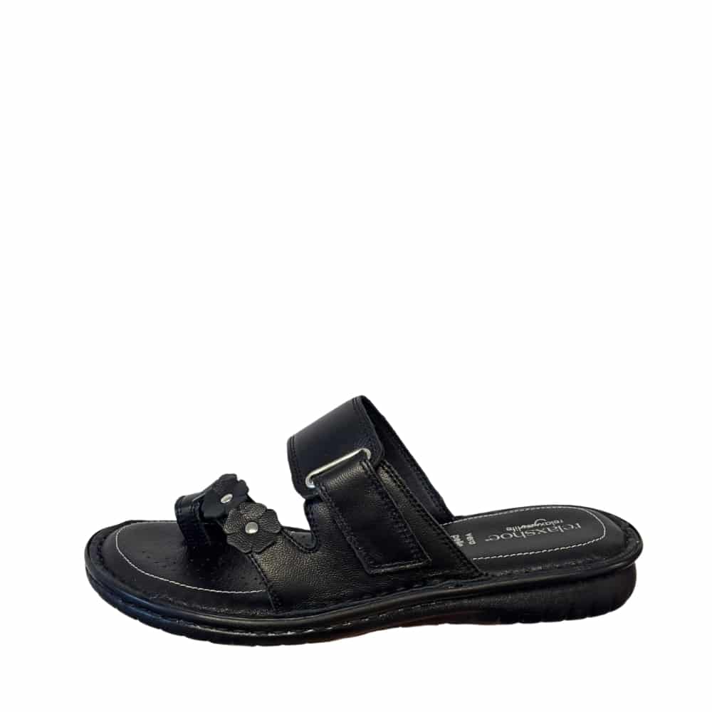 Relaxshoe sandal til dame i sort med velcrolukning og skindoverdel.