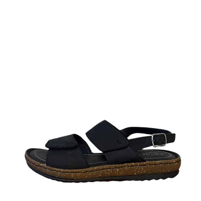Relaxshoe sandal til dame i sort med velcroremme og skind overdel.