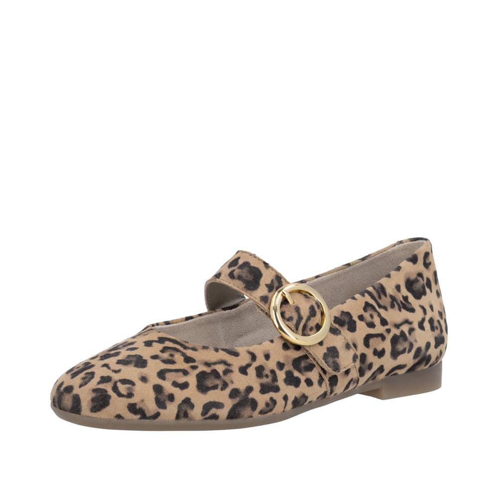 Remonte ballerinasko til dame i leopard med ruskindsoverdel og skindsål samt velcrolukning