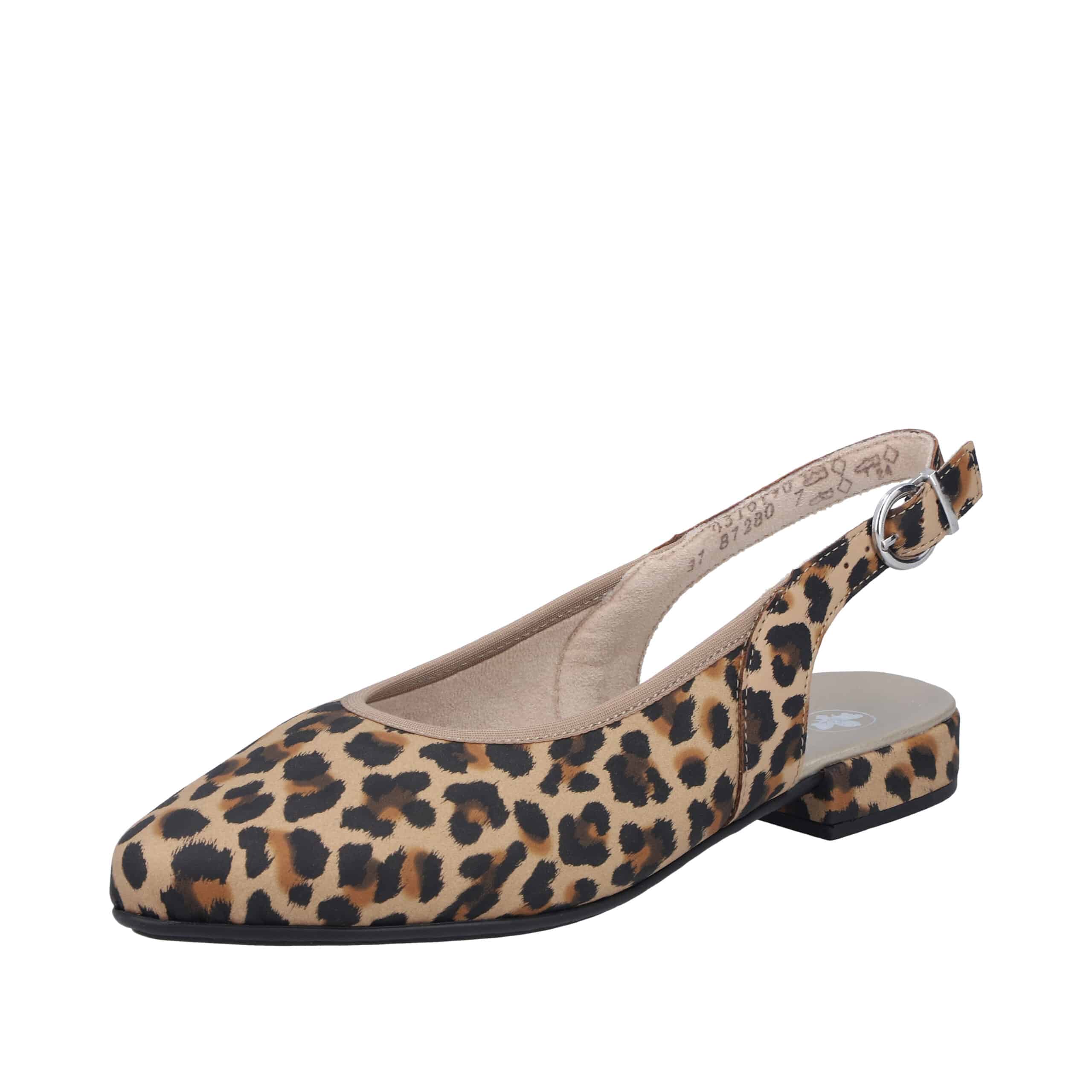 Rieker ballerinasko til dame i leopard med åbne hæl og justerbar spænde