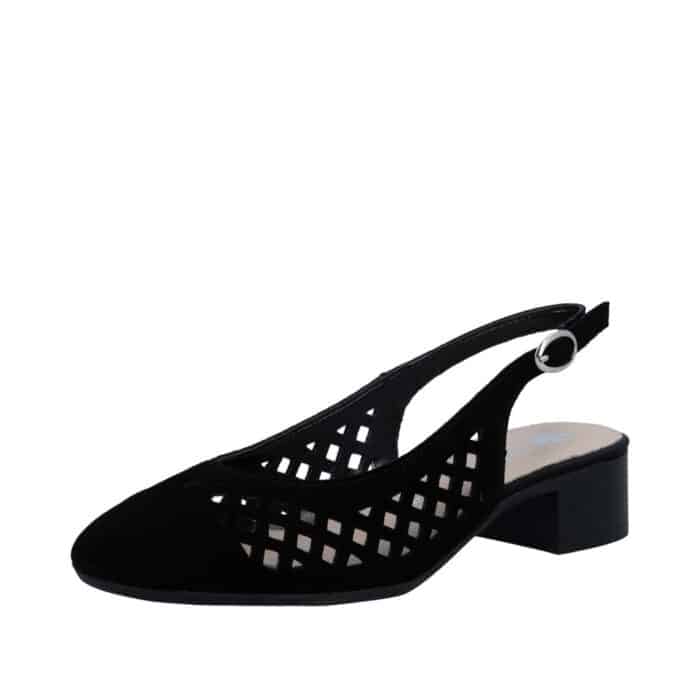 Rieker ballerinasko til dame i sort med åbne hæl og justerbar spænde, samt huller i overdel