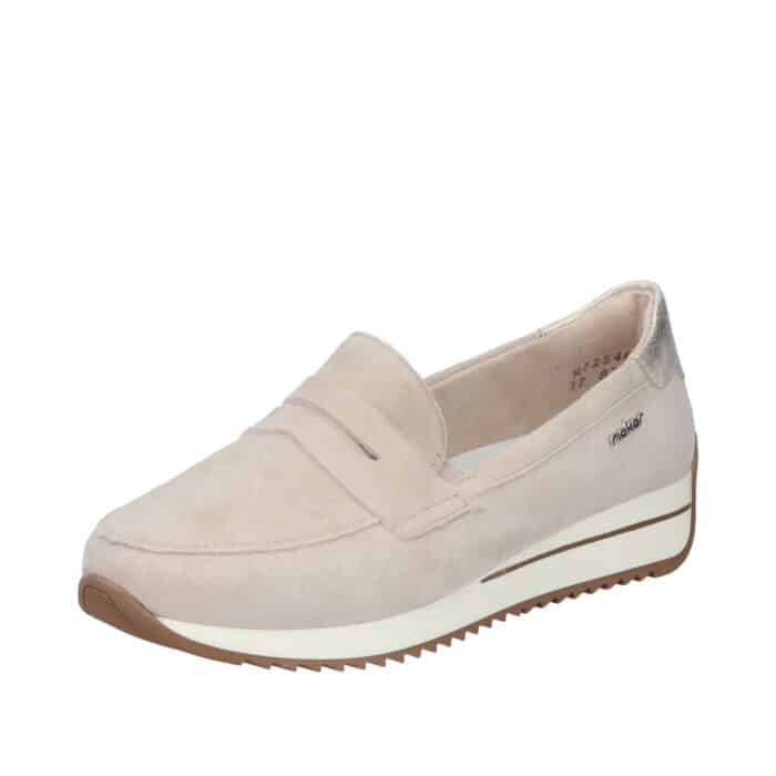 Rieker loafers til dame i beige med elastikker og ekstra bredde H samt udtagelig sål