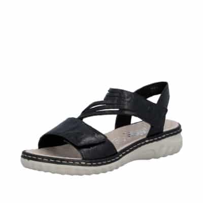 Rieker sandal til dame i sort med velcrorem samt noprede sål