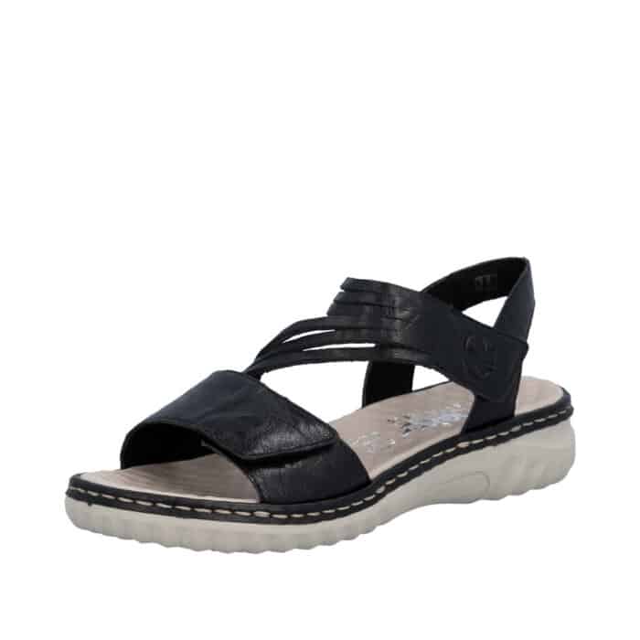 Rieker sandal til dame i sort med velcrorem samt noprede sål