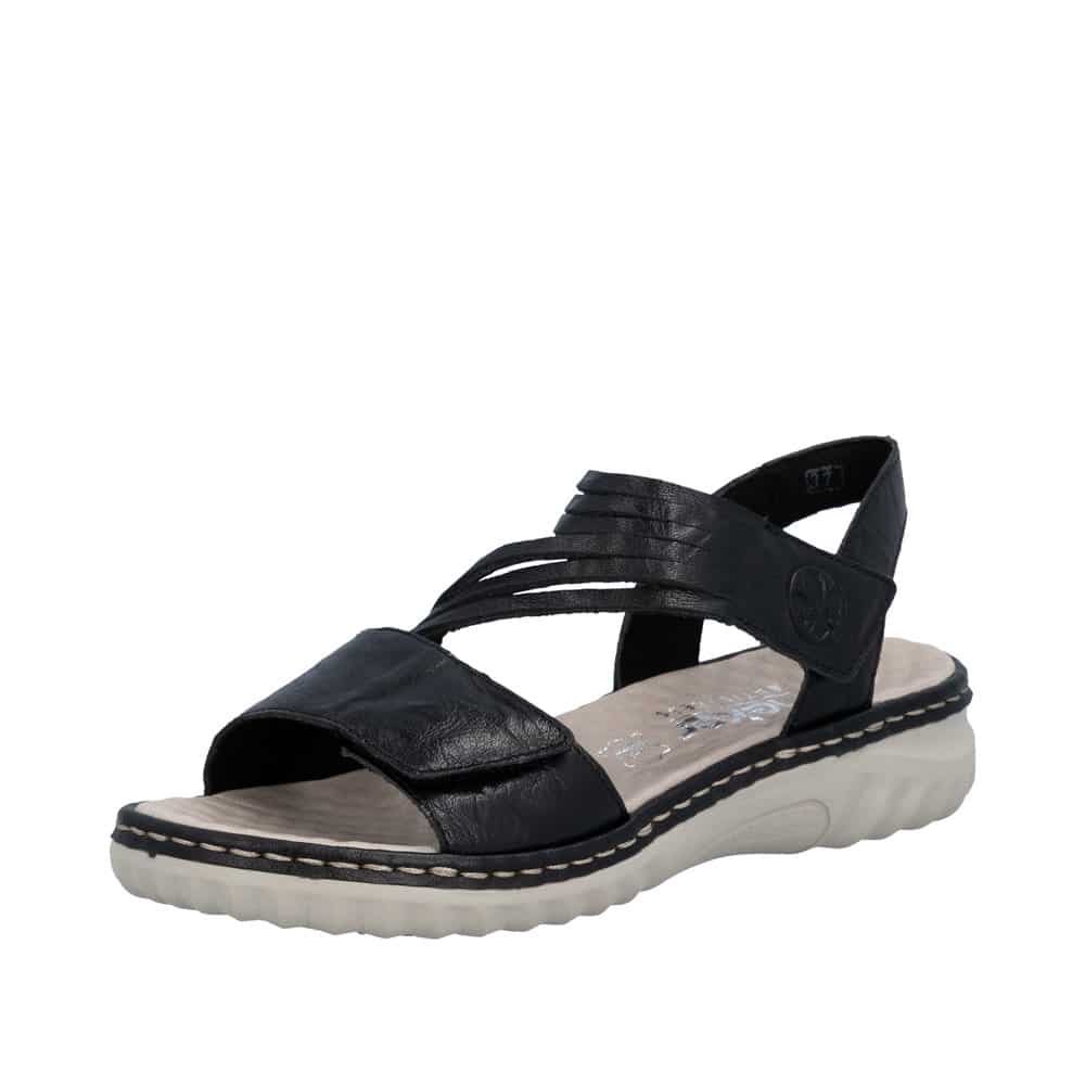 Rieker sandal til dame i sort med velcrorem samt noprede sål