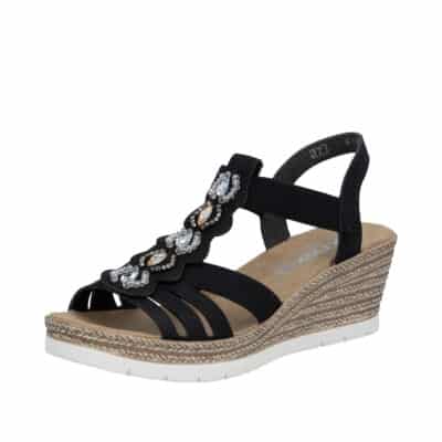Rieker sandal til dame i sort med plateau hæl på 6 cm og dekorative sten/perler