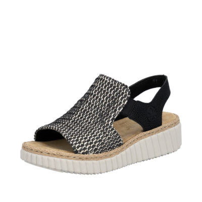 Rieker sandal til dame i sort kombi med en kilehæl på ca. 4,5 cm samt ekstra bredde H