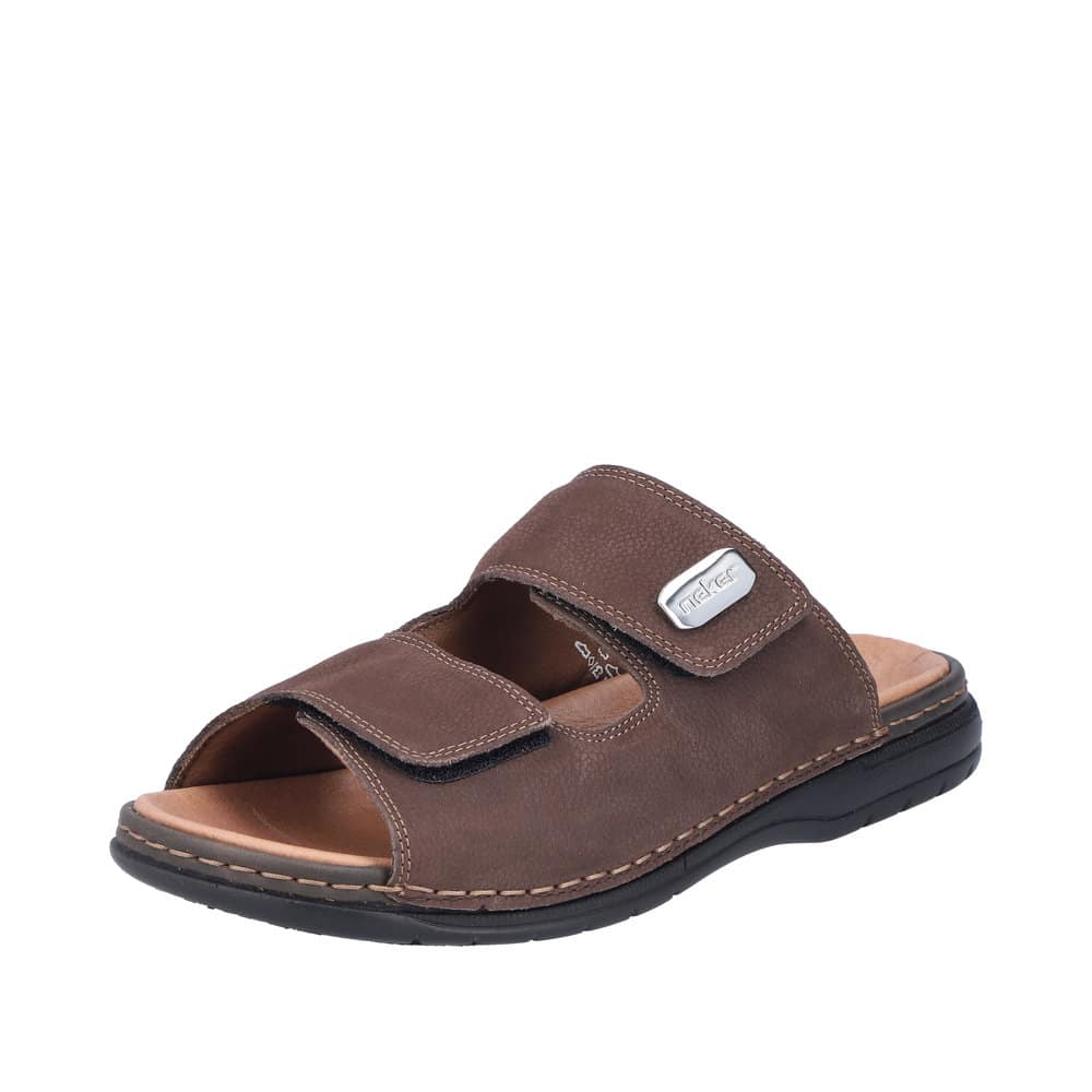 Rieker sandal til herre i brun skind med to velcroremme og stødabsorberende ydersål