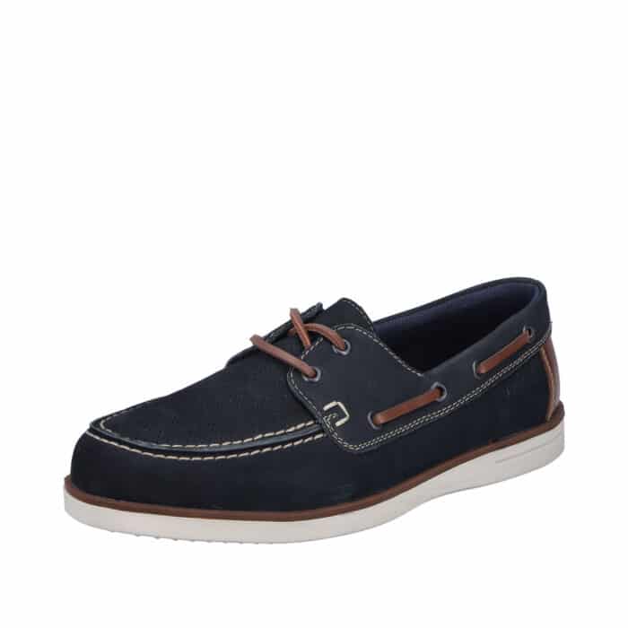 Rieker sejlersko til herre i mørkeblå skind med skindsnøredetaljer og skindsål samt ekstra bredde G