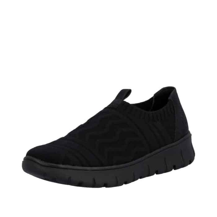 Rieker sko til dame i sort med elastisk materiale og udtagelig sål samt ekstra bredde H