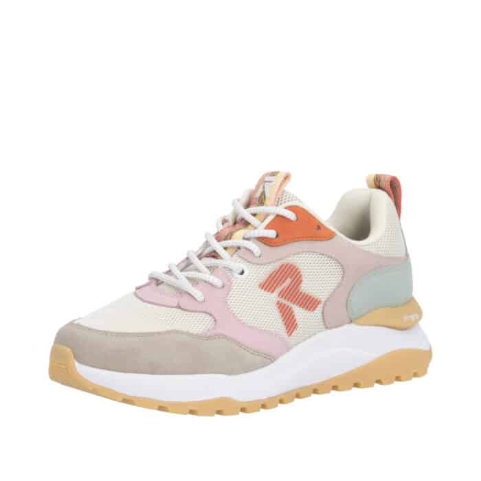 Rieker sneakers til dame i farvekombination af hvid. beige og lyserød med udtagelig sål