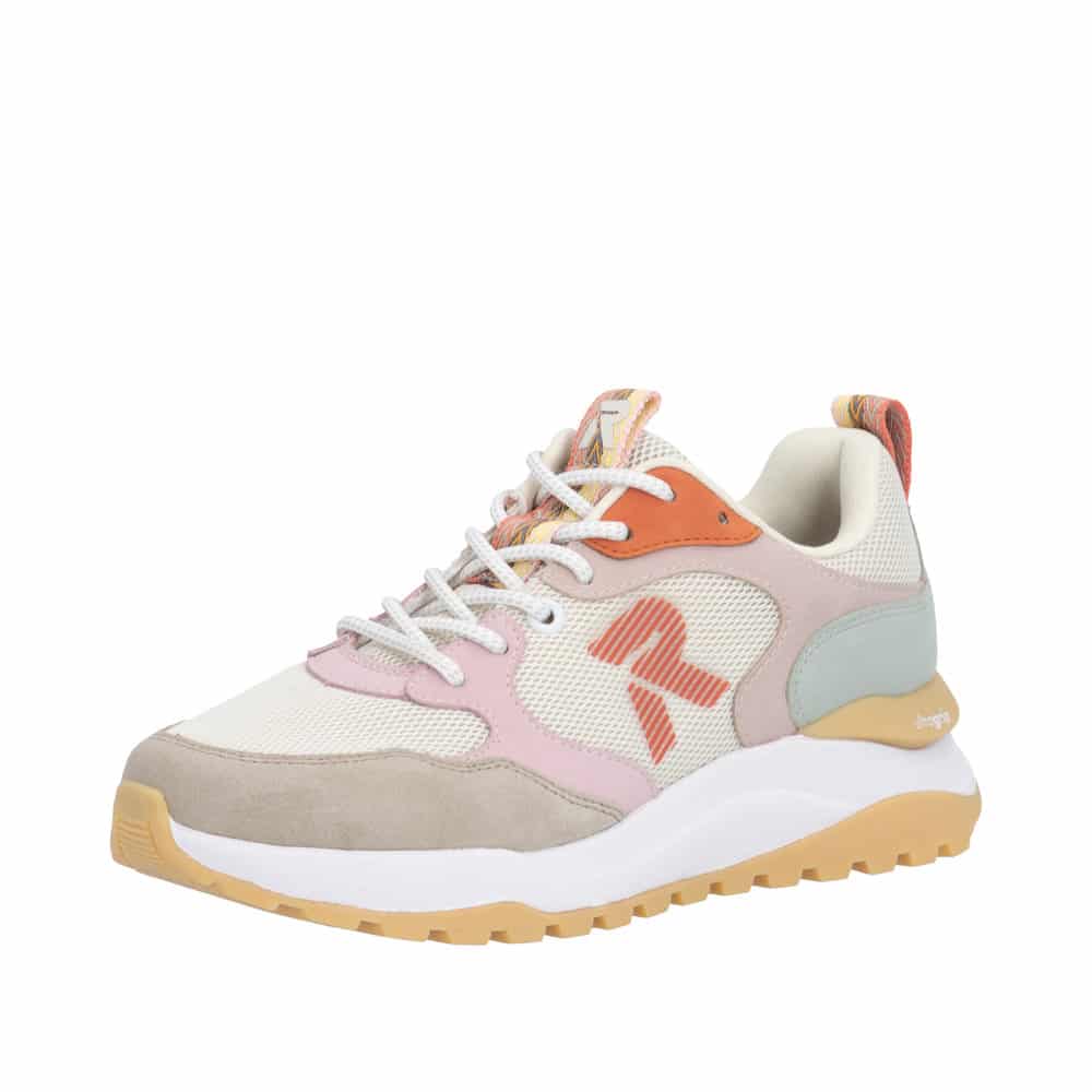Rieker sneakers til dame i farvekombination af hvid. beige og lyserød med udtagelig sål