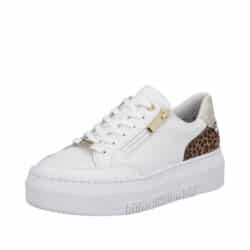 Rieker sneakers til dame i hvid med snørebånd og guld lynlås samt plateausål på 4 cm. og leopard design bag på