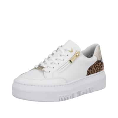 Rieker sneakers til dame i hvid med snørebånd og guld lynlås samt plateausål på 4 cm. og leopard design bag på