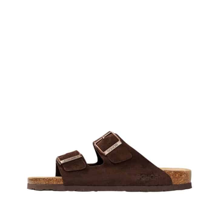 Rohde Sunnys N°32 sandal i brun til herre med ruskindsoverdel samt to gyldne justerbare spænder