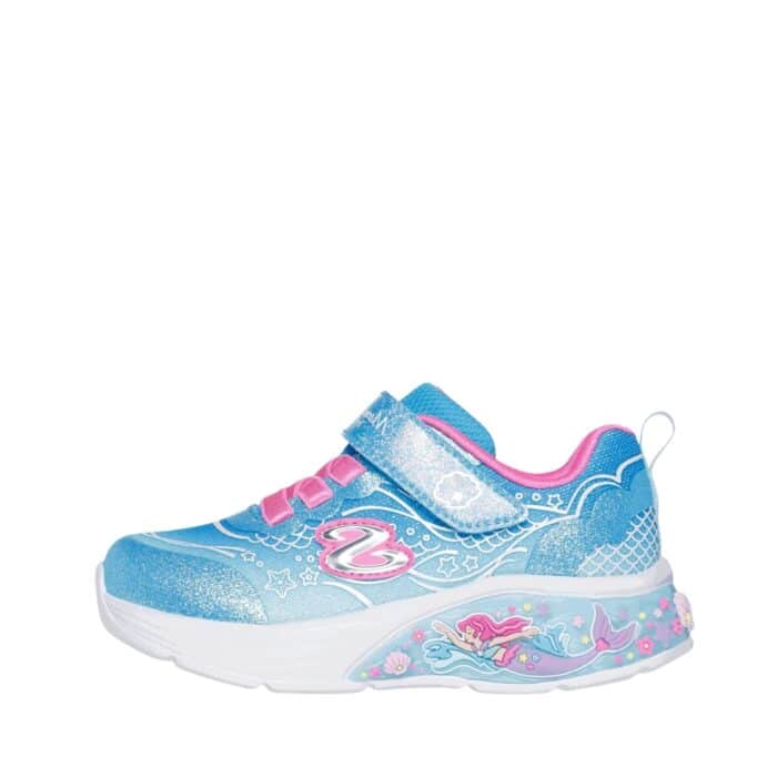 Skechers S-Lights Tri-Namics 2.0 til børn i blå kombi med elastik snørebånd og velcro, samt lys og havfrue i sål