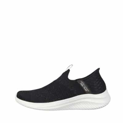 Skechers Slip-in Ultra Flex 3.0 Glitter Me sko til dame i sort med stretch fit materiale og fast hælkappe samt polstret hælpude og maskinvaskbar maks. 30 grader