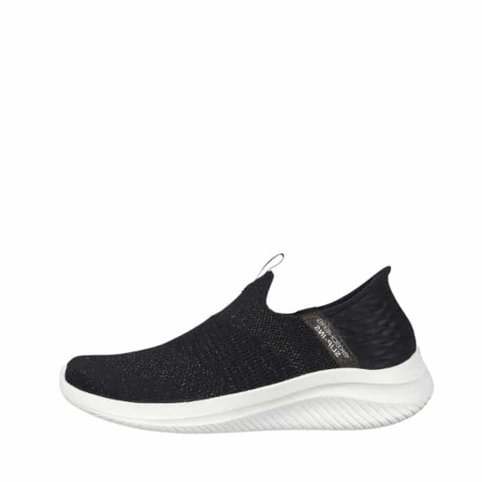 Skechers Slip-in Ultra Flex 3.0 Glitter Me sko til dame i sort med stretch fit materiale og fast hælkappe samt polstret hælpude og maskinvaskbar maks. 30 grader