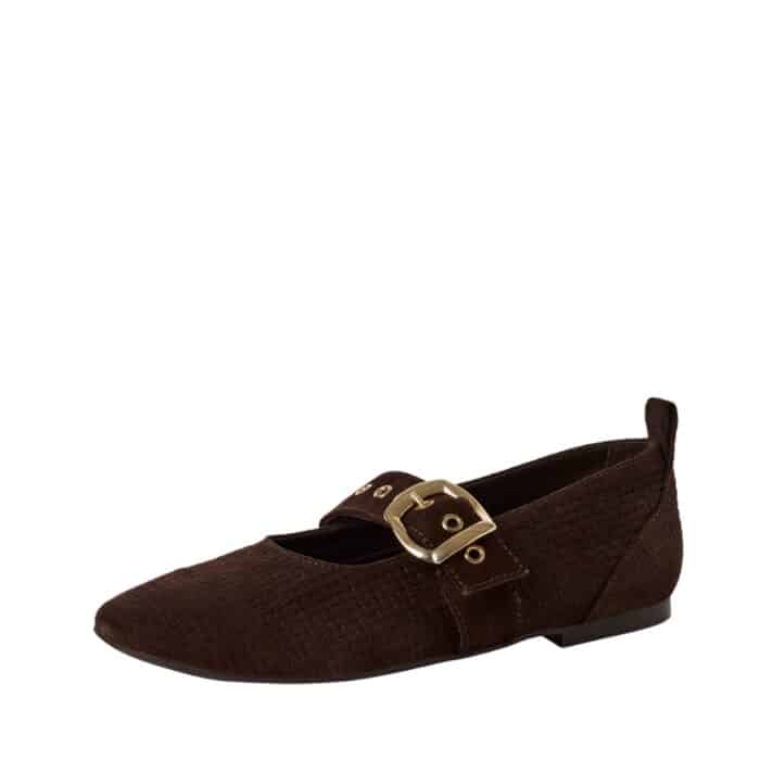 Tamaris ballerinasko til dame i mørkebrun med skindoverdel samt justerbar spænde