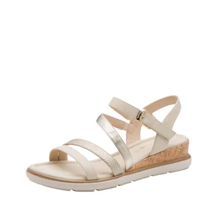 Tamaris sandal til dame i beige med justerbar velcrorem samt kilehæl på 4,5 cm og en blød Touch-It sål