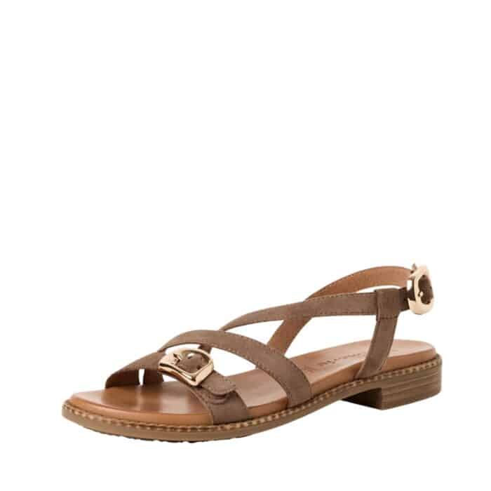 Tamaris sandal til dame i brunt ruskind med to gyldne og justerbare spænder samt skindsål