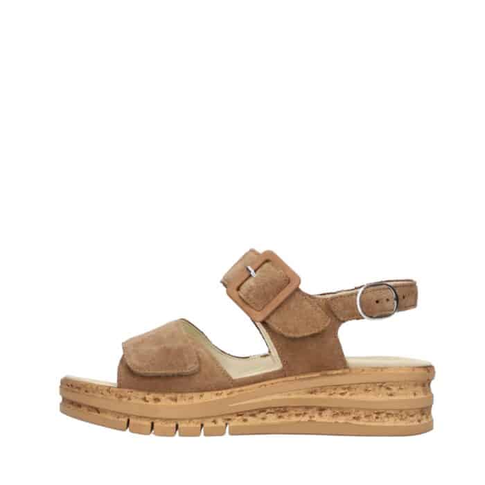 Waldläufer sandal til dame i brunt ruskind med en kilehæl på 4,5 cm og udtagelig sål samt velcro og ekstra bredde K