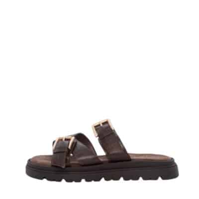 Duffy Gallarte Tre sandal til dame i brunt mønster med justerbare gyldne spænder og en blød sål