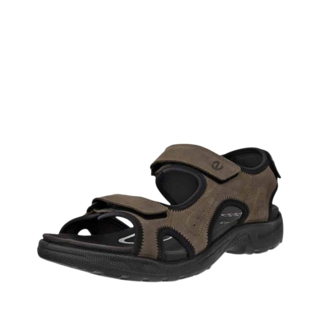 Ecco Onroads vandresandal til herre i brun nubucklæder med tre velcroremme og Fluidform sål
