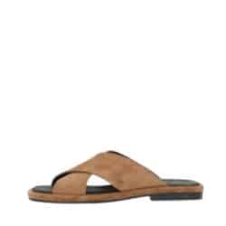 Phenumb Copenhagen Onry sandal til dame i camel med ruskindsoverdel og skindsål samt flot detalje foran