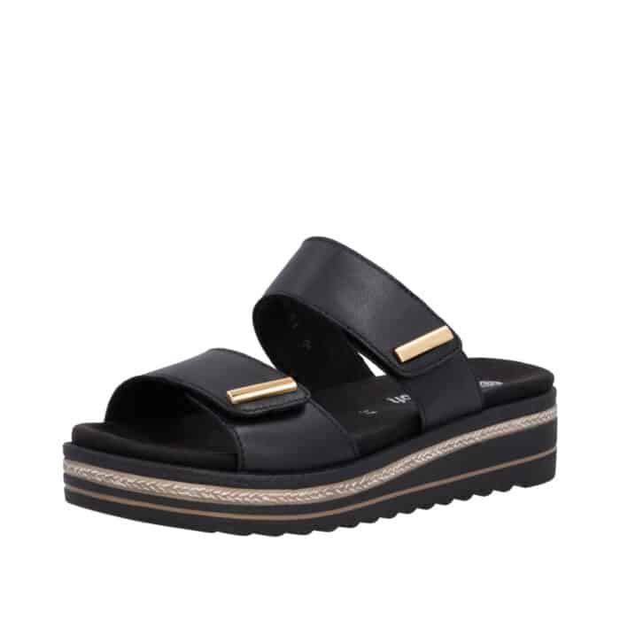 Remonte sandal til dame i sort med skindoverdel og udtagelig sål samt justerbare velcroremme