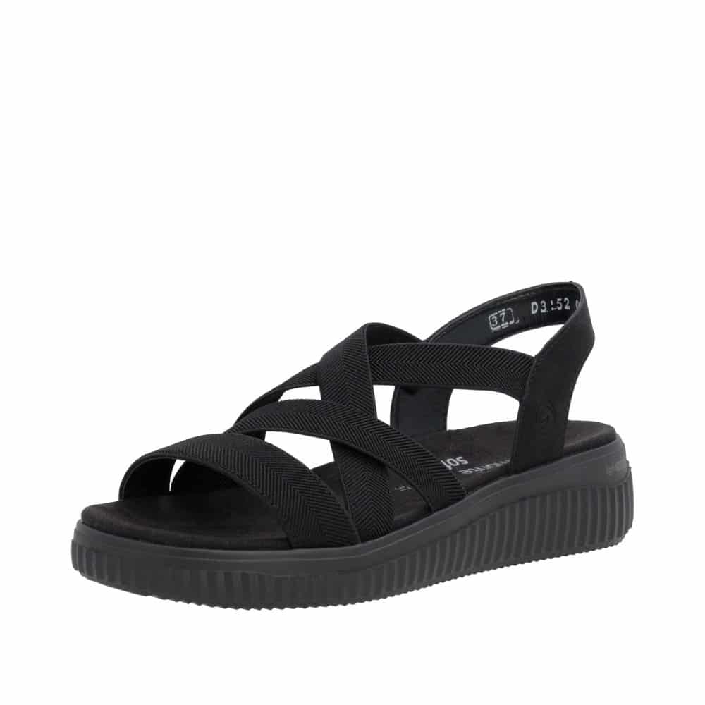 Remonte sandal til dame i sort med kilkehæl på 4,5 cm samt elastik og ekstra bredde H