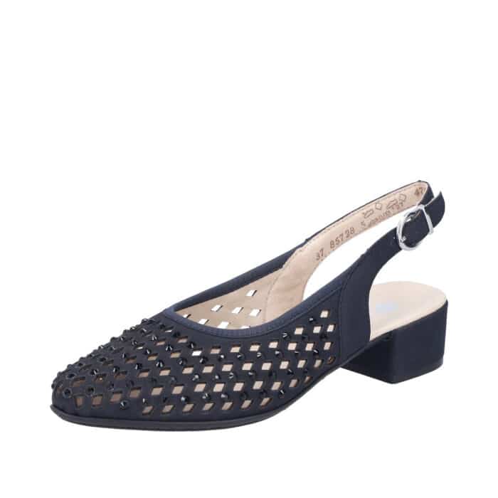 Rieker pumps til dame i mørkeblå med blokhæl på 3,5 cm samt nitter og justerbar spænde