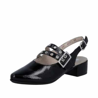 Rieker pumps til dame i sort med lakoverdel og spænde detalje samt blokhæl på 3,5 cm