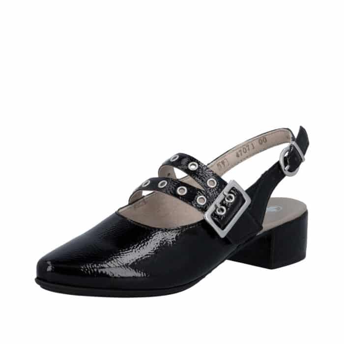 Rieker pumps til dame i sort med lakoverdel og spænde detalje samt blokhæl på 3,5 cm