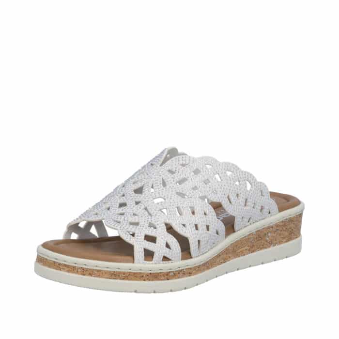 Rieker sandal til dame i beige med glimmeroverdel og kilehæl på 4 cm samt stødabsorberende sål