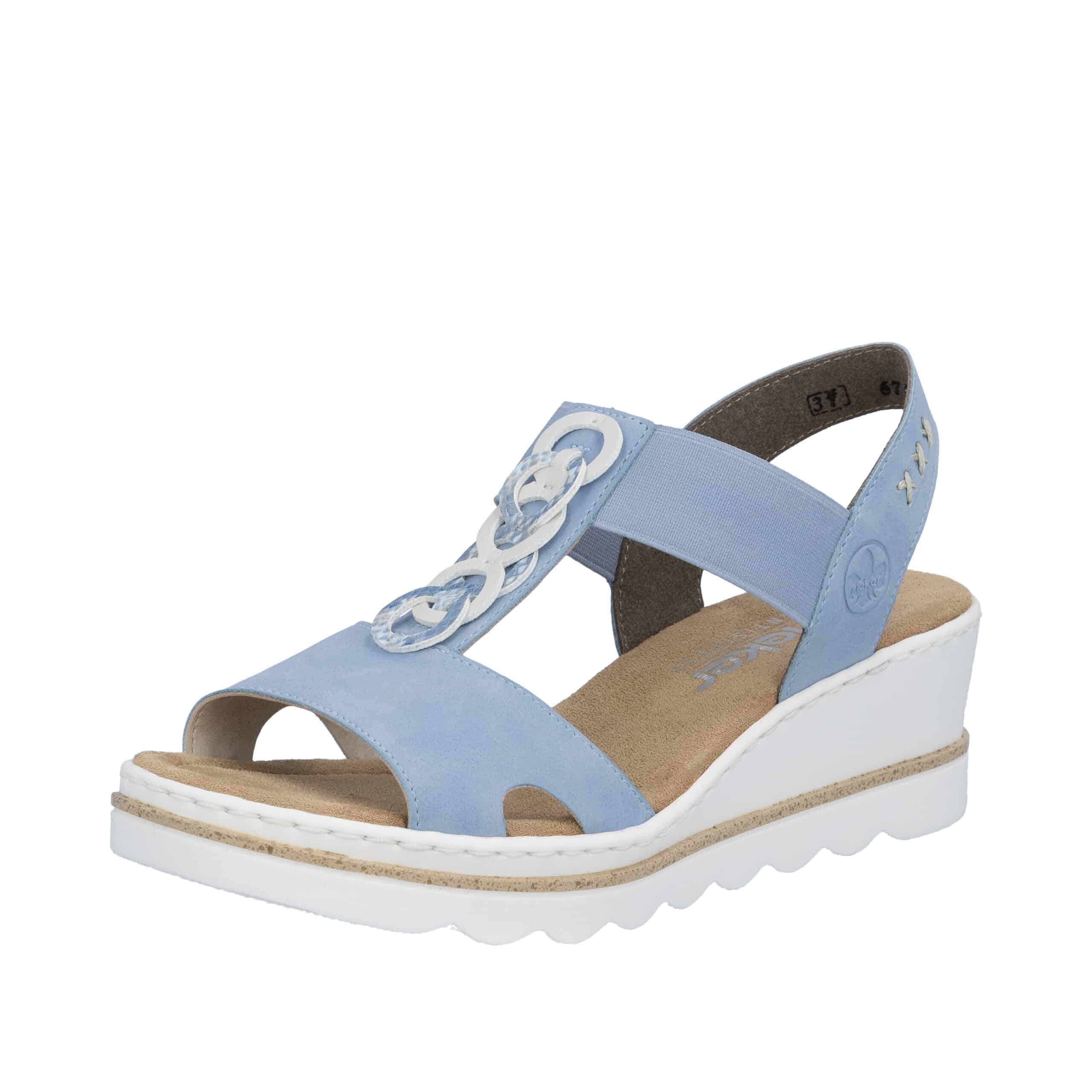 Rieker sandal til dame i blå med elastik og kilehæl på 5,5 cm samt stødabsorberende sål
