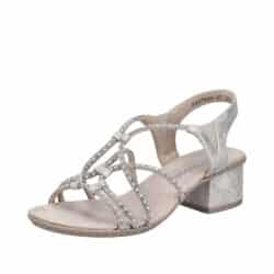 Rieker sandal til dame i hvid og sølv med flotte detaljer og nitter sammen med blokhæl på 5 cm