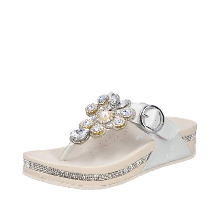 Rieker sandal til dame i hvid, beige og sølv med tå-rem og stødabsorberende sål med stort mønster