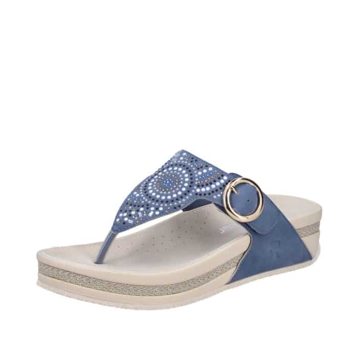 Rieker sandal til dame i hvid, beige ogblå med tå-rem og stødabsorberende sål med flot mønster pynt