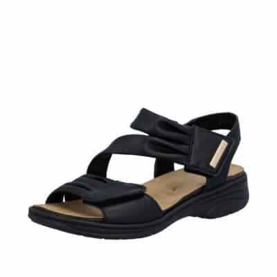 Rieker sandal til dame i sort med velcrolukning og udtagelig sål.